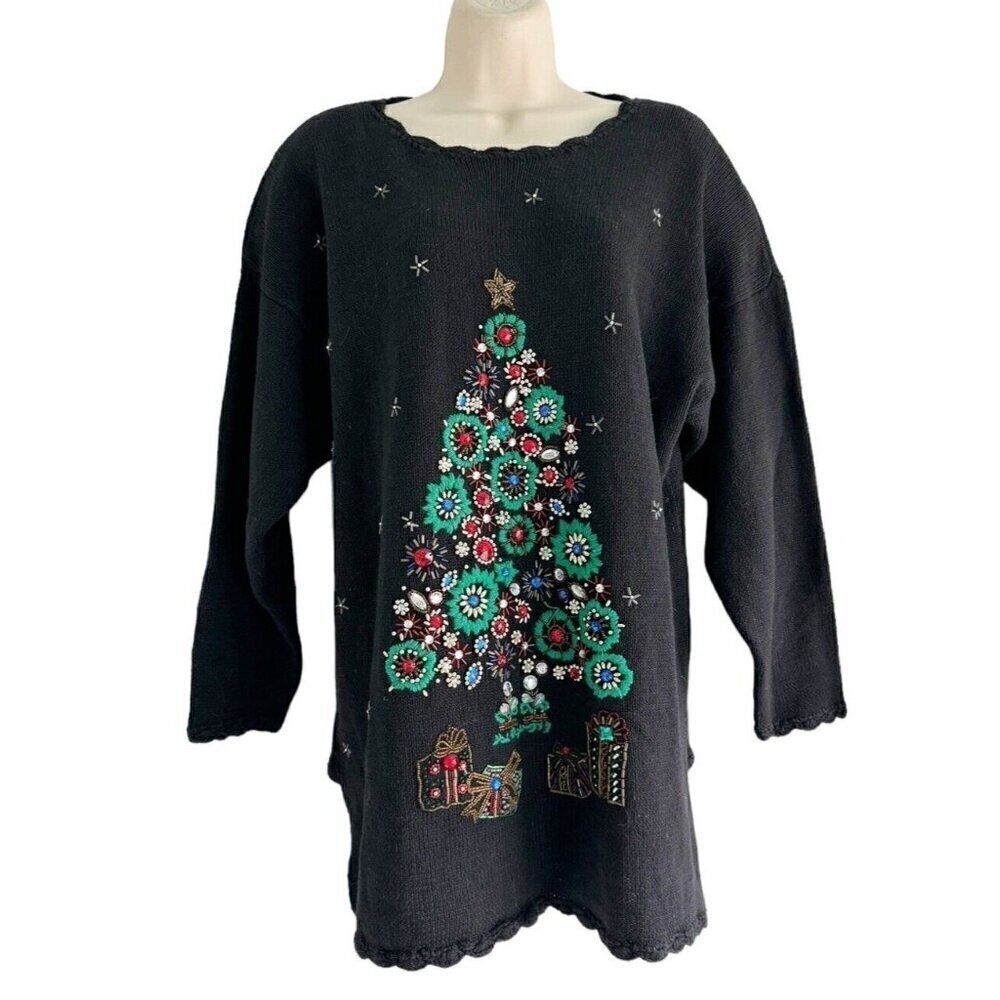 Vintage JK Christmas Womens Size 14/16 Christmas Sweater Black Green Red Tree